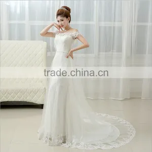 2017 Fashion Wedding Dress New Bride Korean Boat Neck Evening Dress Fishtail Skirt Long Drag Tail thumbnail-2