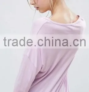 Fashion Women Long Sleeve Scoop Neck Cotton Curve Hem Viscose T-shirt thumbnail-2