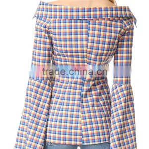 OEM Fashion Strapeless Neckline Horn Cuff Plaid Women Blouse thumbnail-4