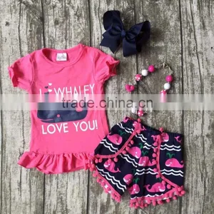 Baby Girls Shorts Sets Boutique Outfit Cute Hot Pink I Whale Love You Summer Cotton Chevron Clothes Macth With Necklace and Bow thumbnail-1