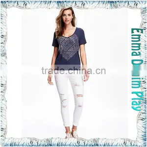 2016 New Designs Wide Open Neck Blue Printing Cotton T Shirts for Sexy Womens thumbnail-1