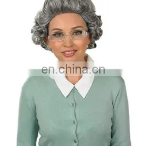 Short Curly Silver Grey Human Hair Synthetic Wig for Old Women FW2124 thumbnail-1