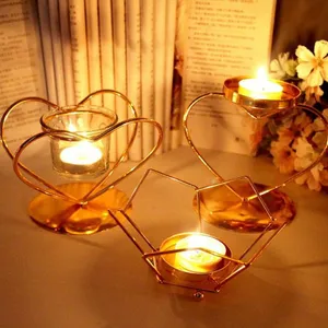 Gold Metal Wire Heart Shape Decorative Metal Candle Holder With Glass Tealight Holder thumbnail-4