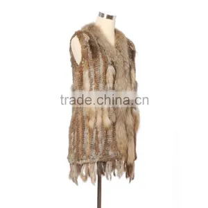 QDMJ006 Lady Clothes Long Knit Rabbit Fur Vest With Raccoon Dog Fur Collar For Women Clothing thumbnail-2