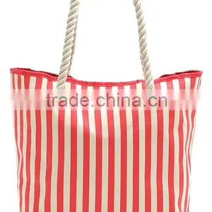 Wholesale Red and White Vertical Stripes Canvas Beach Tote Bag; Red and White Striped Large Canvas Beach Tote Bag thumbnail-4