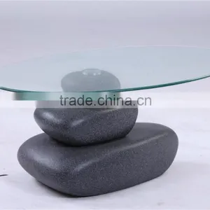 Hot Sale Tempered Glass Table Top and Stone Effect Painting Base Fiberglass Coffee Table thumbnail-1
