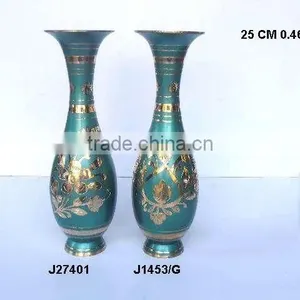 Traditional Indian Vases Made in Cast Brass and Green Enamel thumbnail-1