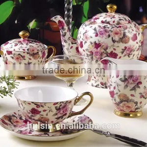 European Flower Design Fine Bone China With Golden Rim 15 Pcs Tea/coffee Set thumbnail-1