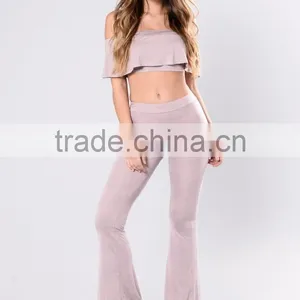 Bundle Clothing Manufacturer Off Shoulder Cropped Top And Flared Wide Leg Ruffle Pants Two Piece thumbnail-3