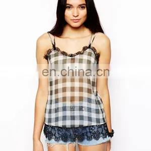 Lace Trim Cami Top in Gingham Print/womens Top Plus Sizes/clothing Desgin for Women Wholesale Model-cp387 thumbnail-1