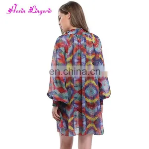 Women Cheap Sexy Printed Red Long Sleeve V-Neck Summer Beach Dress thumbnail-4