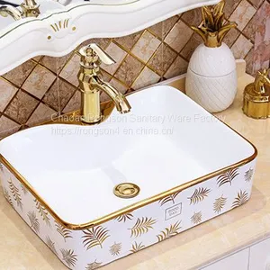 China Ceramic Bathroom Sanitary Ware Rectangle Single Hole Golden Art Luxury Table Top Wash Art Basin thumbnail-1