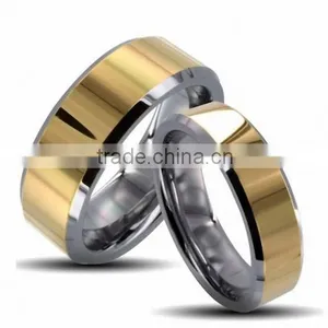 Two Tone Gold Shiny Center & Beveled Edges Tungsten Carbide Wedding Band Ring Set thumbnail-1