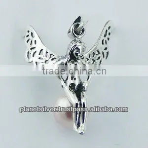 925 Silver Pendant Dainty Fairy on Austrian Crystal Pearl thumbnail-1