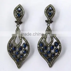 Bring The Heat !! Blue Sapphire & Diamond 925 Sterling Silver Earring, Dangler SIlver Earring, Indian Fashion Silver Jewelry thumbnail-6