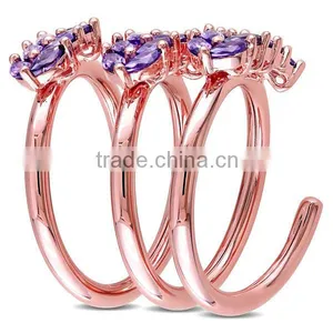 Rose Plated Silver Cubic Zirconia 3 Flower Long Finger Adjustable Ring thumbnail-4