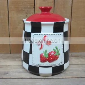 New Strawberry Emboss Ceramic Cookie Jar With Red Lid thumbnail-1