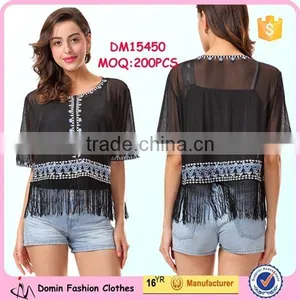 New Fashion Short Sleeve Embroidery Tassel Women Top thumbnail-1