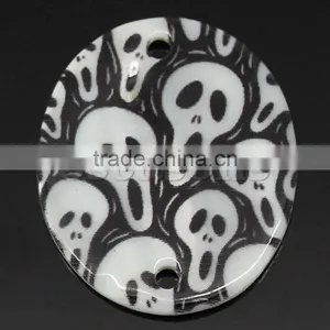 New Design Shell Connectors Oval Black & White Skull Pattern Printed Halloween Ornaments 3x2.5cm,20PCs thumbnail-1