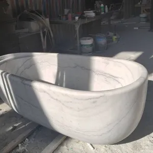High Quality Large Size White Color Customized Real Stone Marble Oval Bathtub Floor Free Standing Bathtub thumbnail-2
