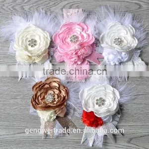 Factory Hot Sale Stain Chiffon Rosette Flower Girls Headwear Handmade Lace Elastic Headbands for Kids thumbnail-2