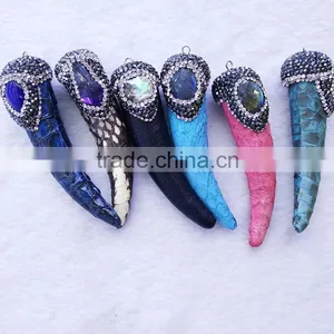 JF6893 Miro Crystal Diamond Pave Cap,snakeskin Wrapped Turquoise Stone Ox Horn Pendant thumbnail-1