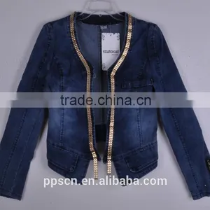 2015 New Arrival Fashion High Quality Women Denim Jacket ,zipper Denim Jacket Leather Sleeves Wholesale China thumbnail-1