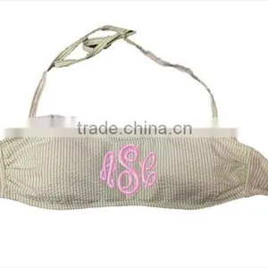 Monogrammed Ruffle Seersucker Bandeau Bikini Bathing Suit Top thumbnail-6
