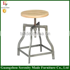 Industrial Swivel Bar Stool Adjustable Height With Wooden Top thumbnail-1