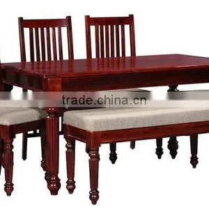 Natural Polished Four Chairs One Bench Wooden Dining Table thumbnail-1
