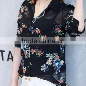 Hot Black Floral Print Chiffon Shirts for Woman Chiffon Long Sleeve Chiffon Tops thumbnail-1
