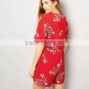 Drawstring Short Sleeve Playsuit for Women Rayon Floral Clothing thumbnail-2
