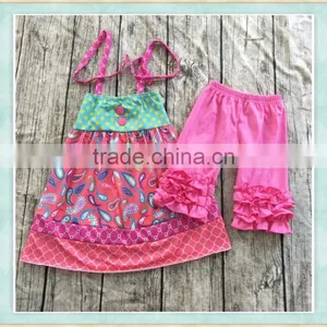 Kids Clothing Cartoon Outfit Wholesale Sling Floral Print Top and Pink Ruffle Pants Girl Boutique Clothes thumbnail-1