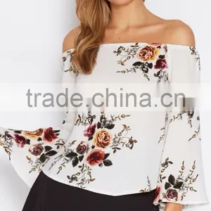 Hot Selling Women Casual Floral Printed off Shoulder Boat Neck Designs Fashion Long Sleeve Blouse for Wholesale 2017 thumbnail-3