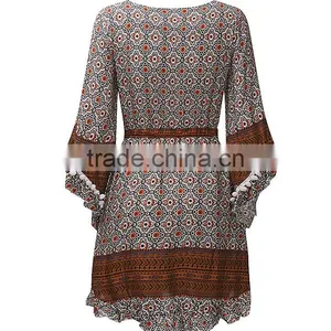 Wholesale Ladies Flare Sleeve Sexy Bohemian Dress Vintage Printed Mini Dresses For Women thumbnail-5