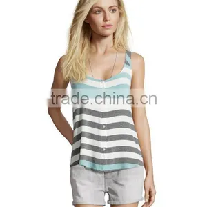 Wholesale Button Front Jersey Knit Girls Sleeveless Striped Tank Top thumbnail-2