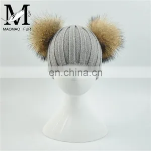 Wholesale Fashion Cheap Kids Knitted Hats Real Fur Two Poms Kids Hat Winter thumbnail-4