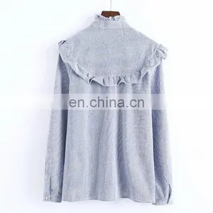 China Supplier Long Sleeve Stand Collar Striped Embroidery Shirts Women Tops and Blouses thumbnail-2