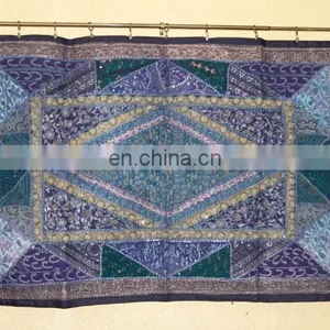Wholesale Old Sari Patchwork Tapestry Wall Hangings Handmade Silk Beads Work Runner thumbnail-4