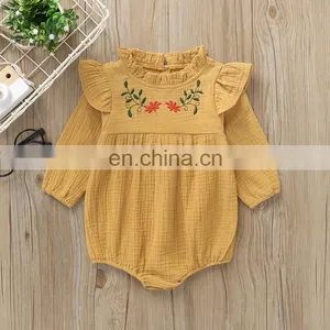 Wholesale Fashion Romper Full Sleeve Ruffle Flower Embroidery Baby Linen Romper thumbnail-4
