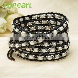 Topearl Jewelry 2016 Popular Freshwater Pearl Hematite Bracelet Woven Leather Wrap Bracelets for Women 33.5 Inches CLL132 thumbnail-3