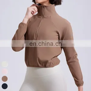 Women Clothing Loose Stand-up Collar Sport Coat Custom Running Wear Gym Fitness Tops Women Half Zipper Yoga Jacket With Pocket thumbnail-1