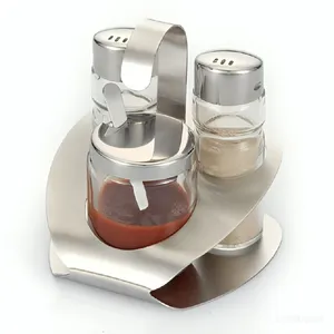 Glass Salt Pepper Mustard Condiment Set With Stainless Steel Rack thumbnail-2