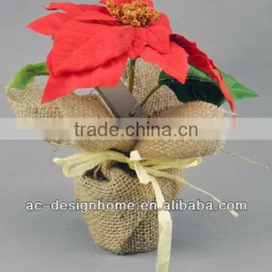 RED ARTIFICIAL VELVET POINSETTIA FLOWER BUSH X 1 W/1 PC POINSETTIA FLOWER HEAD ON BURLAP PLANTER thumbnail-1