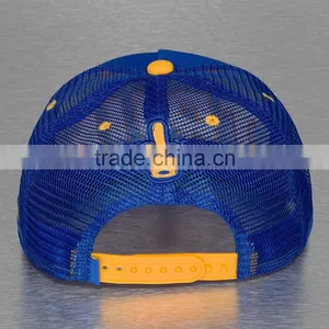 Blue Embroidery Logo Custom Flat Brim 5 Panel Mesh Trucker Cap thumbnail-3