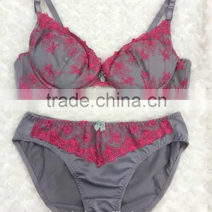 Young Ladies Stylish Soft Cup Lace Gray Sexy Women Bra Panty Sets thumbnail-4