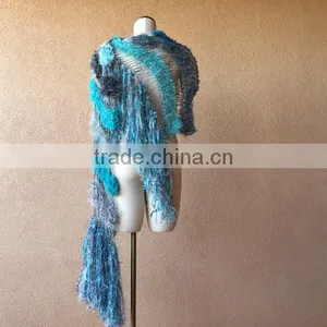 Teal Shawl Aqua Scarf Ocean Seafoam Turquoise Grey Black White Charcoal Hand Knit Striped Fringe Shawl Wrap Cape thumbnail-4