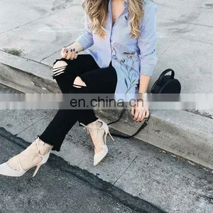 CH082 OEM Service Floral Embroidered Striped Long Sleeve Casual Blouse for Women thumbnail-2