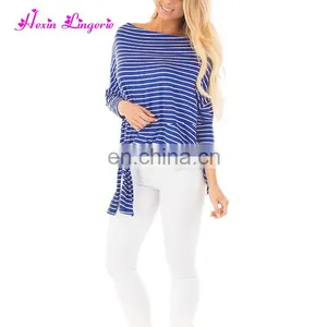 Private Label Blue Striped Long Sleeves Tops Tshirt Women Casual Blouse Designs thumbnail-5