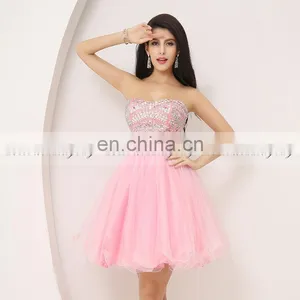 Best Selling Sweetheart Sleeveless Pink Tulle Short Party Dress Crystal Cocktail Dresses thumbnail-2